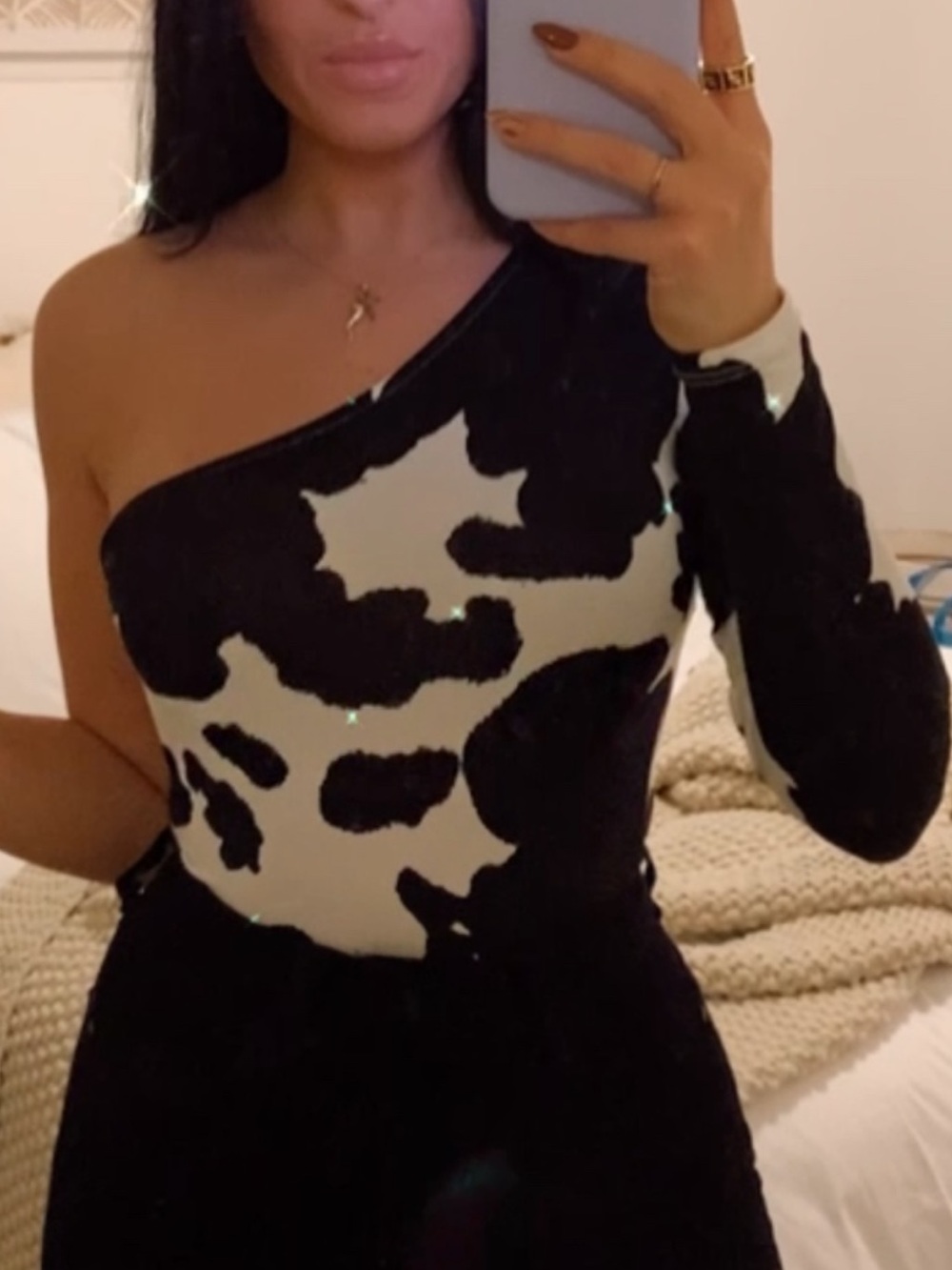 One-Shoulder Cow Print Bodysuit - Black & White